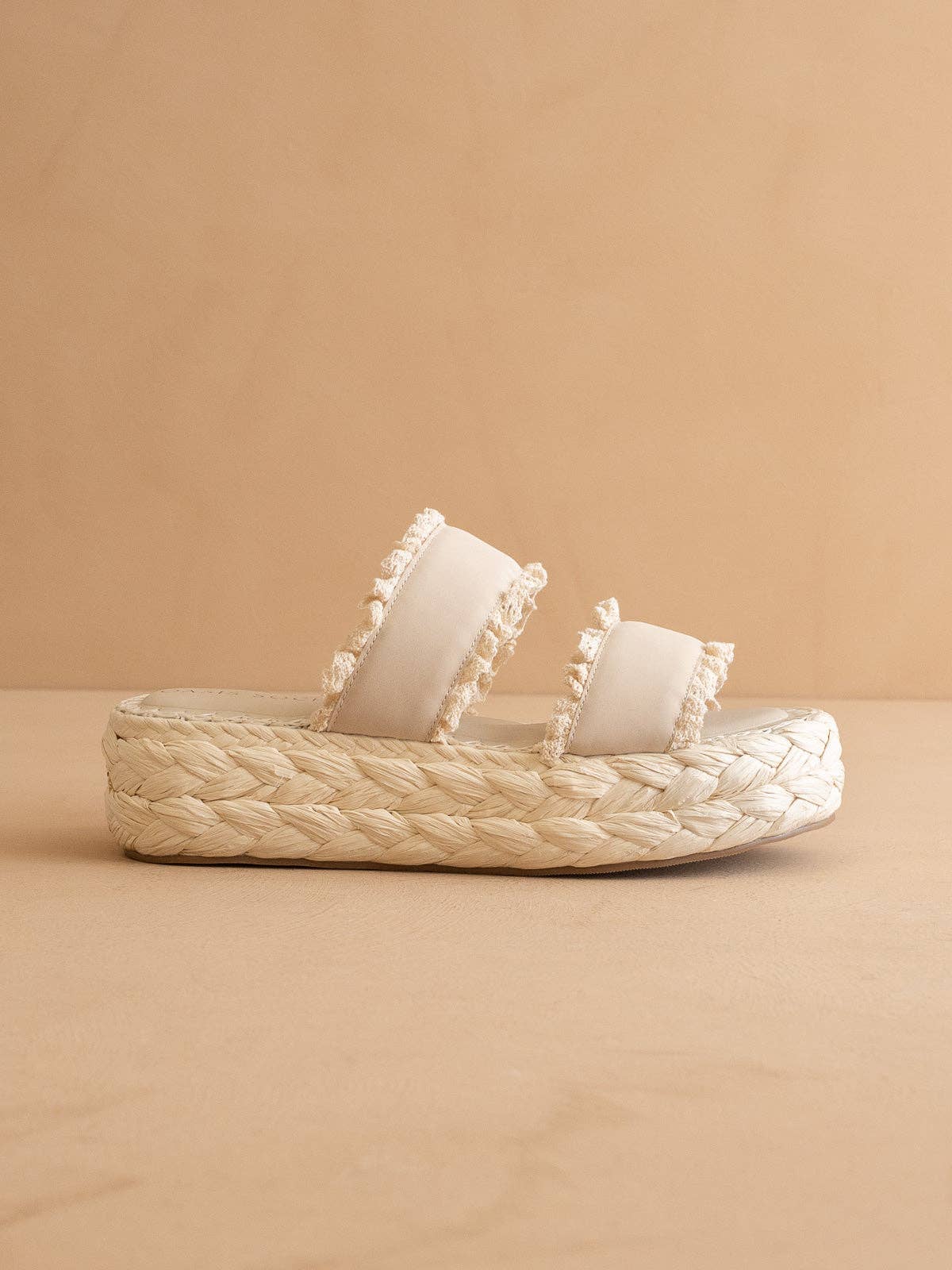 The Polly | Cream Ruffle Strap Raffia Platform Slide Sandal