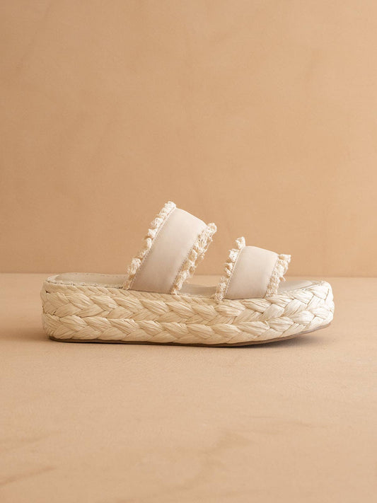The Polly | Cream Ruffle Strap Raffia Platform Slide Sandal