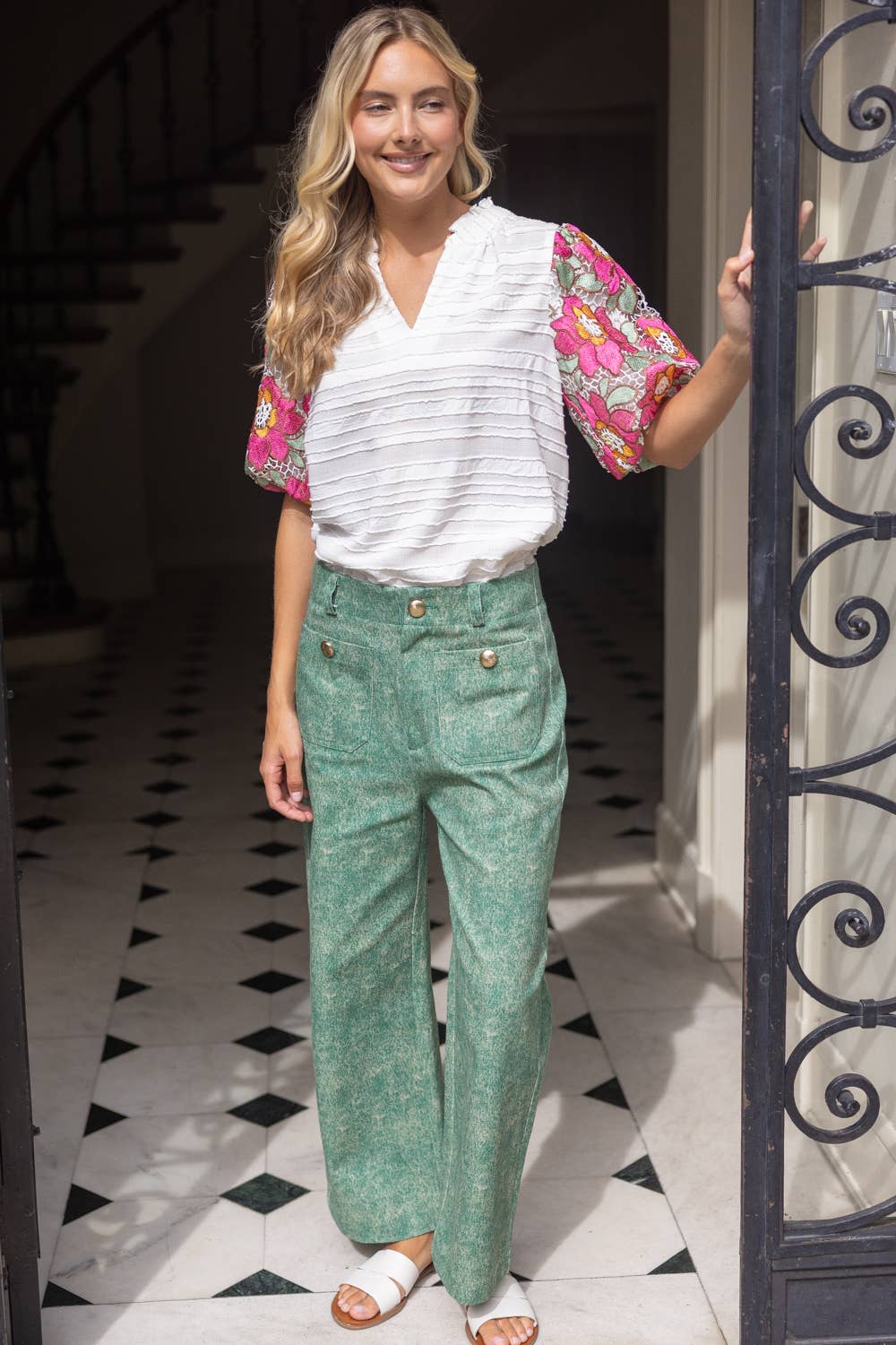 Floral Embroidered Short Bubble Sleeve Top