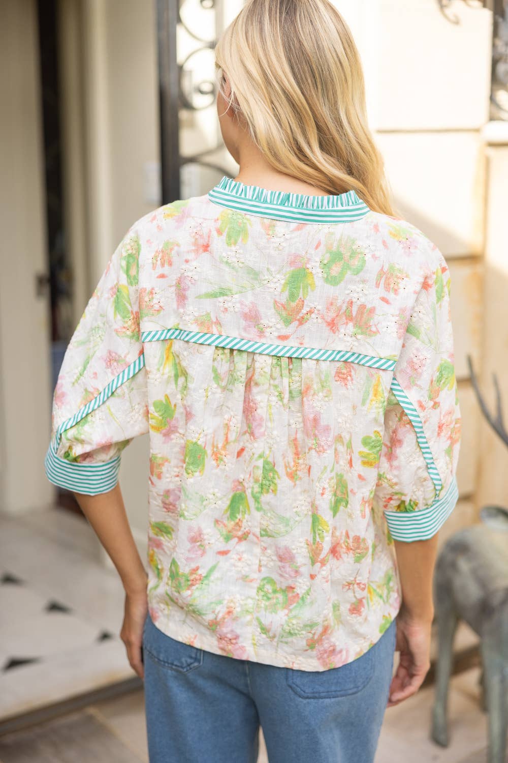 Stripe Contrast Button Down Floral Embroidered Top