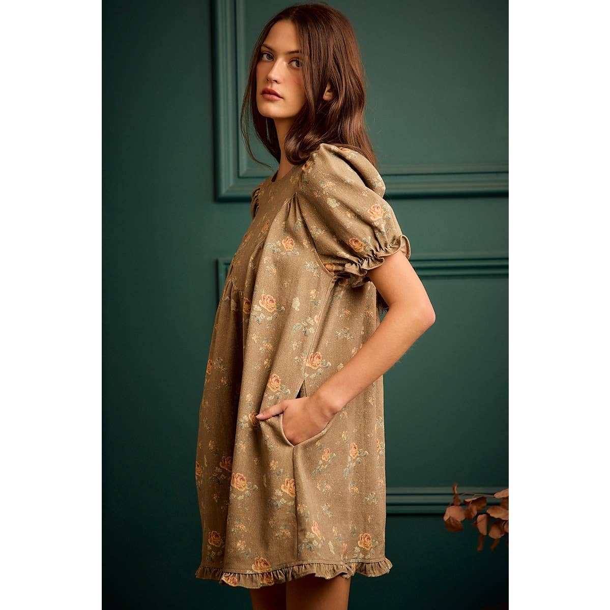 FLORAL RUCHED SHORT PUFF SLEEVE MINI DRESS