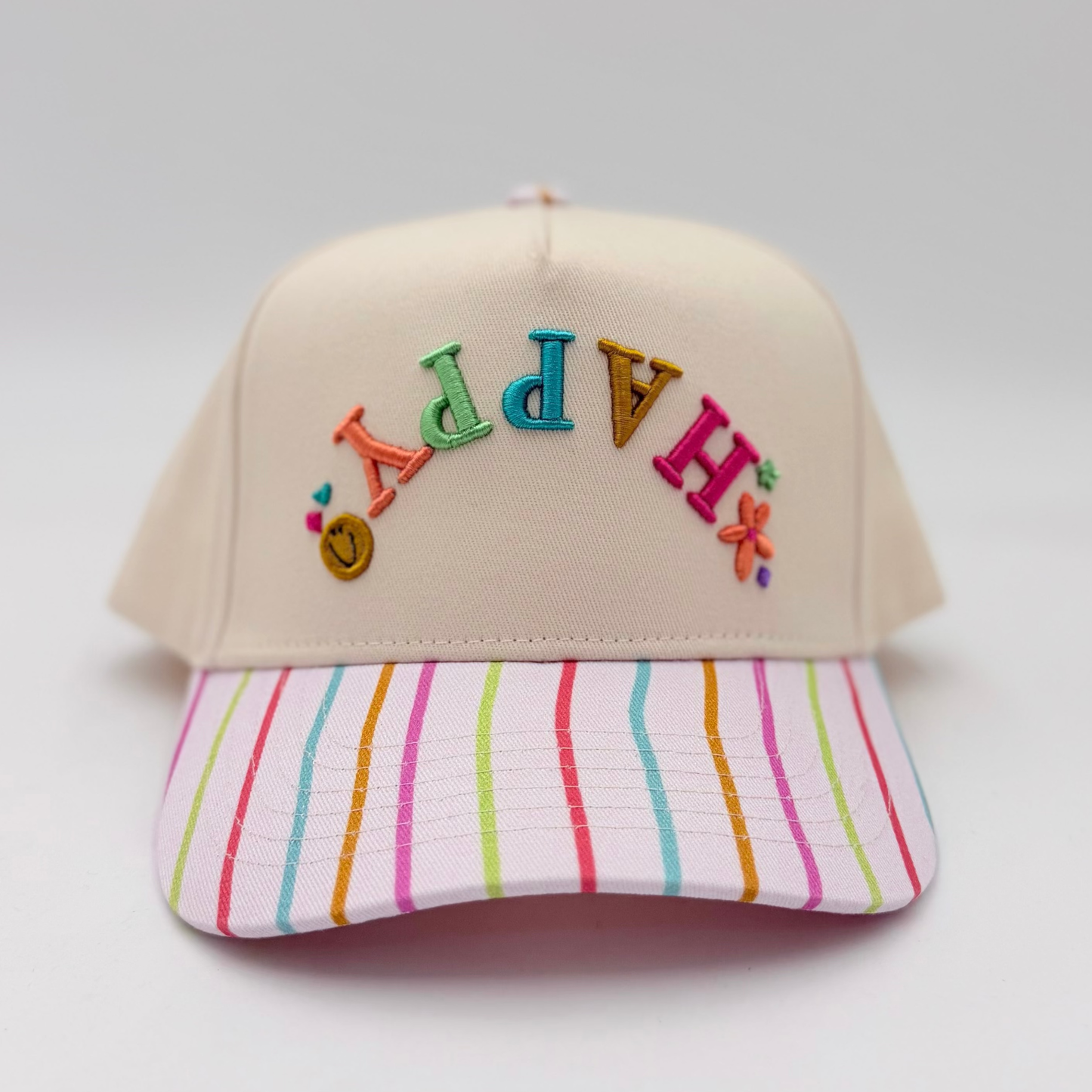 Happy Upside Down Embroidered Hat With Decorative Bill