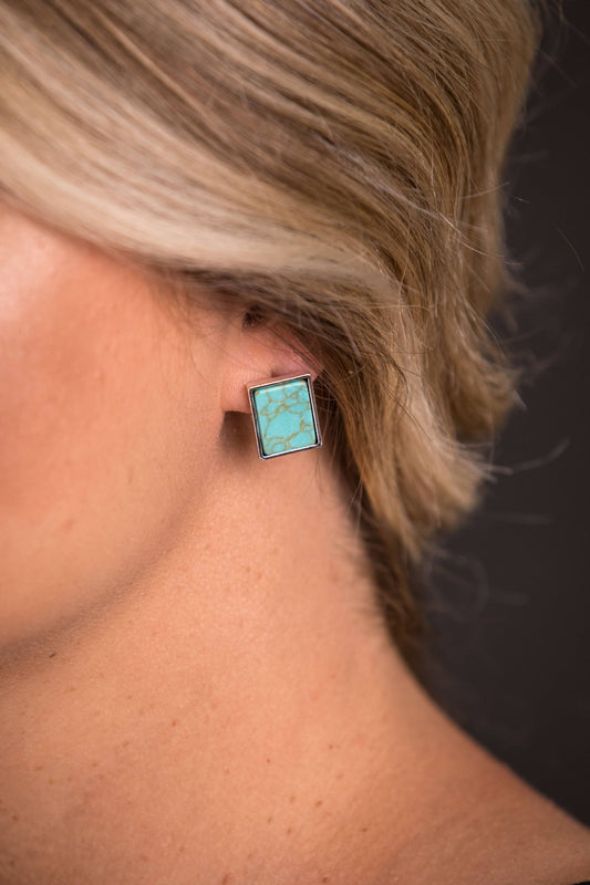 Silver Rectangular Turquoise Stud Earrings