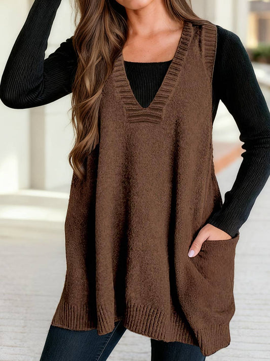 Deep V Neckline Front Pocketed Loose Tunic Sweater Vest