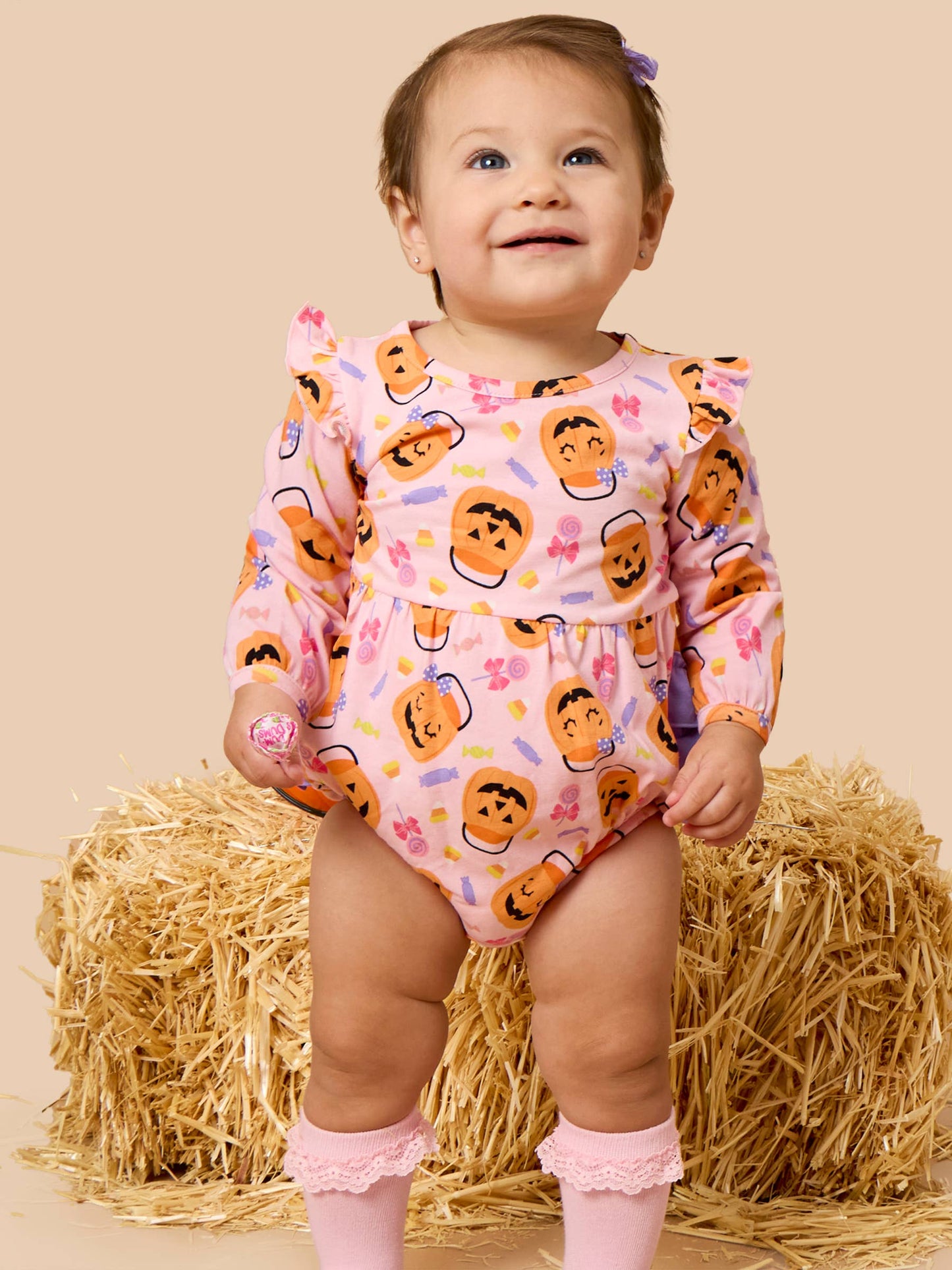 Baby Girls Pumpkin Boo Crew Knit Long Sleeve Flutter Bubble Romper