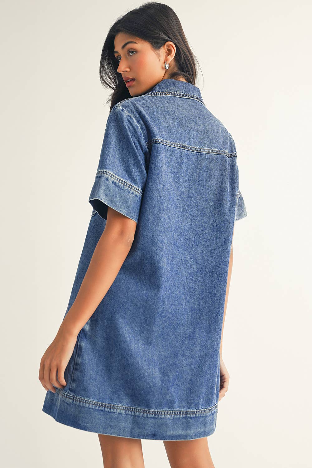 Short Sleeve Collared Patched Pocket Denim Mini Dress