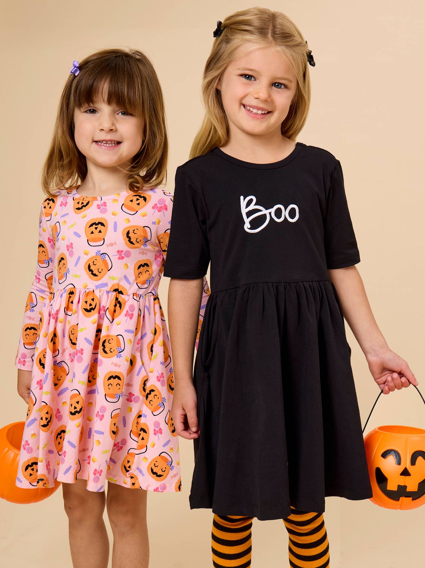 Girls Pumpkin Boo Crew Knit Long Sleeve Twirl Dress