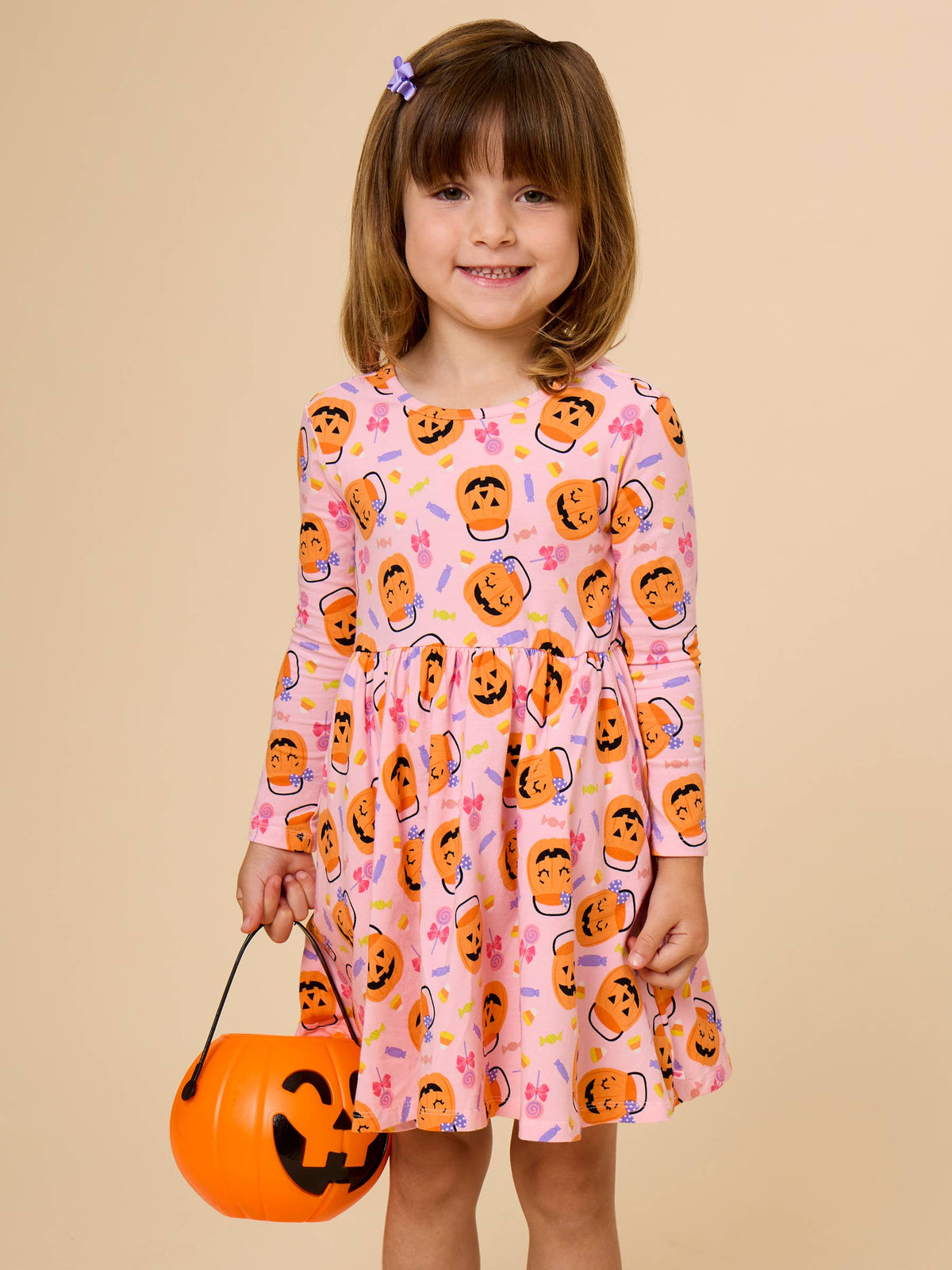 Girls Pumpkin Boo Crew Knit Long Sleeve Twirl Dress