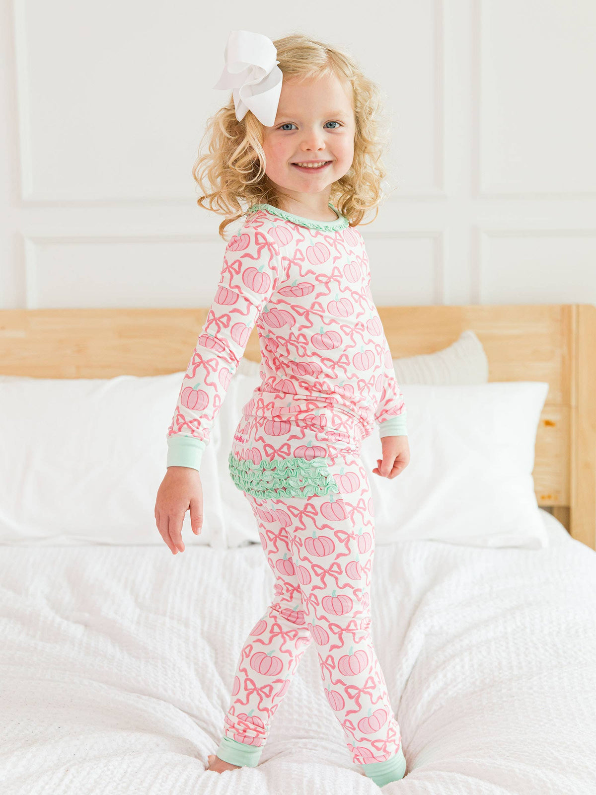 SoftSnooze™ Toddler Girls Bamboo Viscose Pink Fairytale Pumpkins Ruffle Long Sleeve Pajama Set with Signature Rear Ruffles