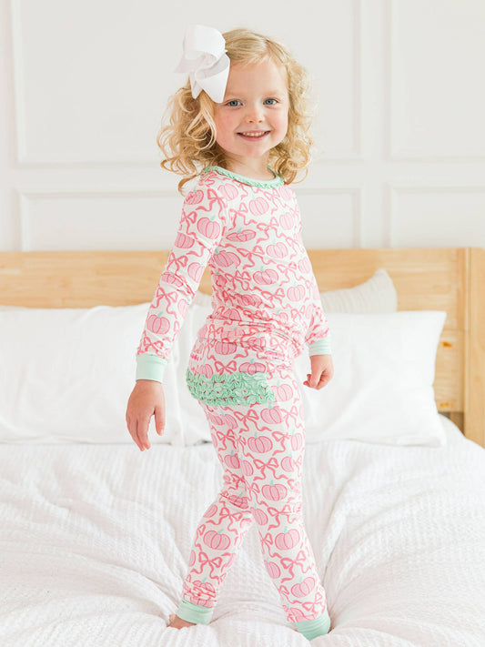 SoftSnooze™ Toddler Girls Bamboo Viscose Pink Fairytale Pumpkins Ruffle Long Sleeve Pajama Set with Signature Rear Ruffles