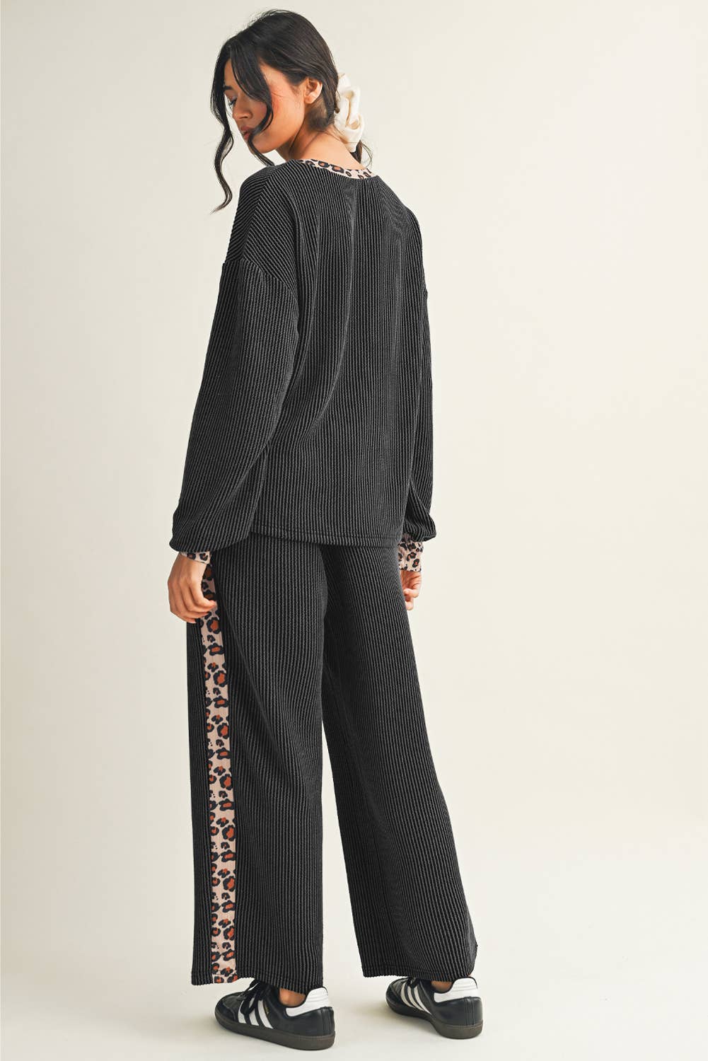 Twisted Rib Leopard Patchwork Detail 2pcs Pant Set