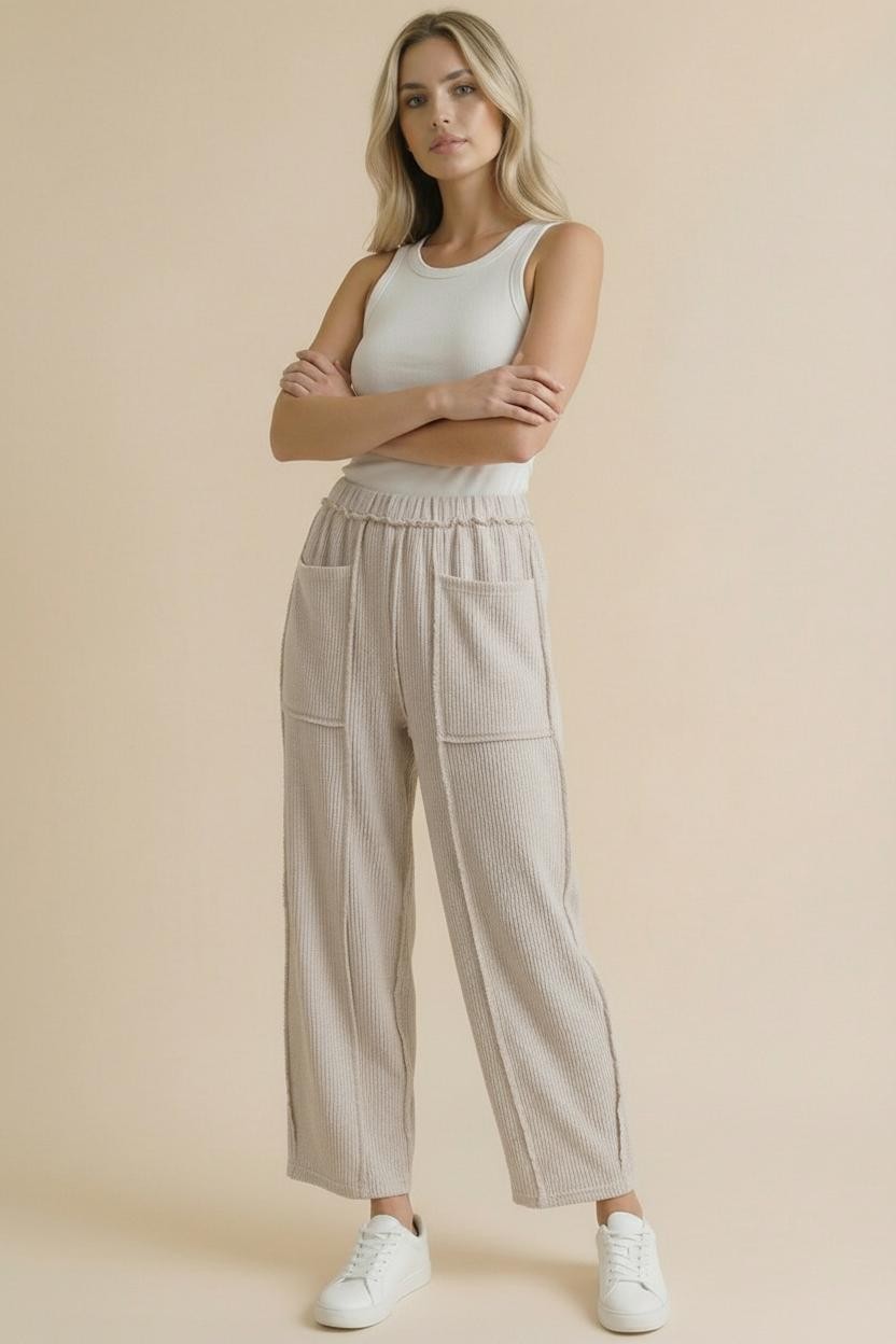 Elastic Waist Textured Rib Barrel Pants
