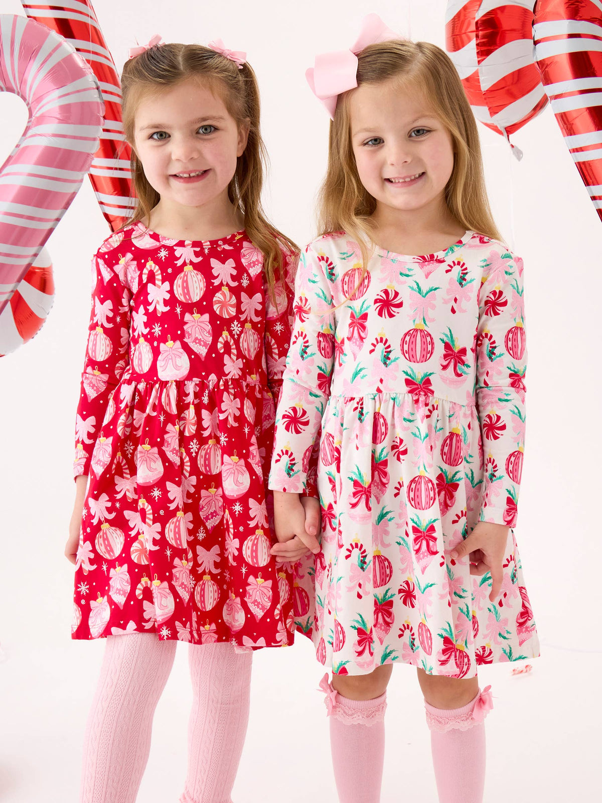 Girls Red Holly Christmas Ornament Bows Knit Long Sleeve Twirl Dress