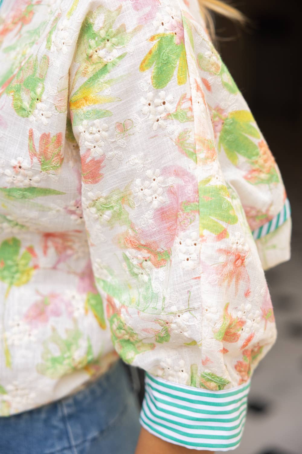 Stripe Contrast Button Down Floral Embroidered Top