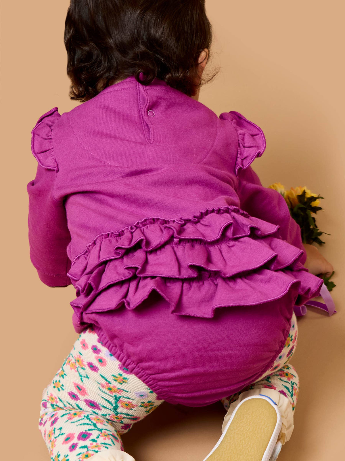 Baby Girls Plum Tart Sweatshirt Bubble Romper with Signature Rear Ruffles