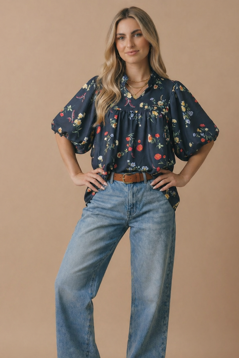 Notch Neck Floral Empire Waist Woven Top