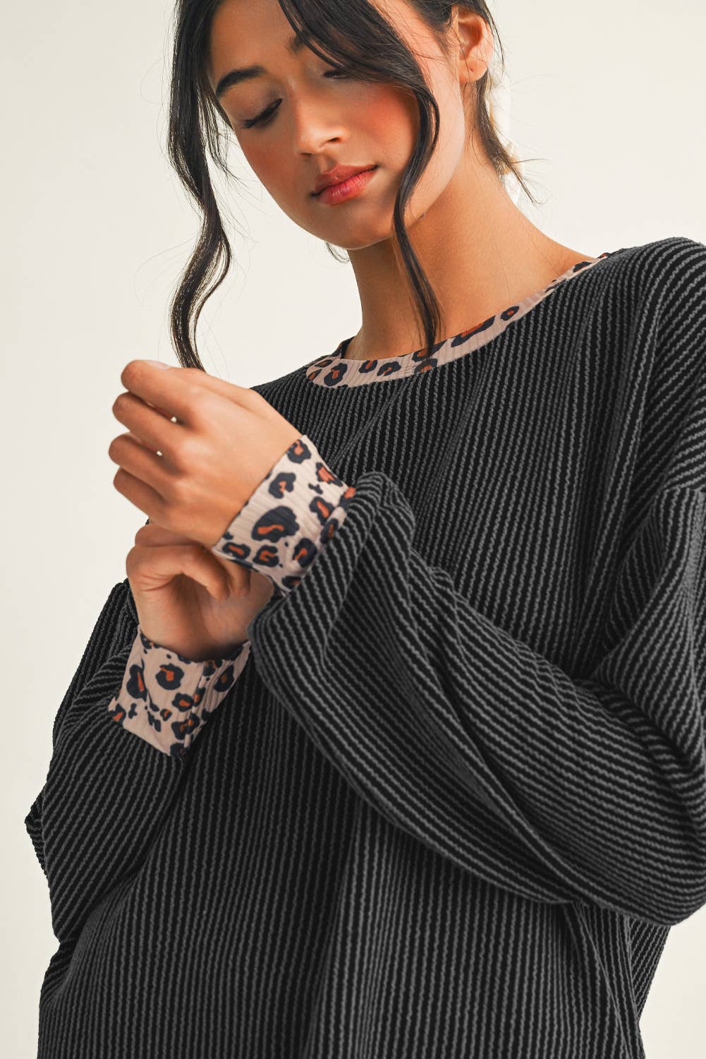 Twisted Rib Leopard Patchwork Detail 2pcs Pant Set