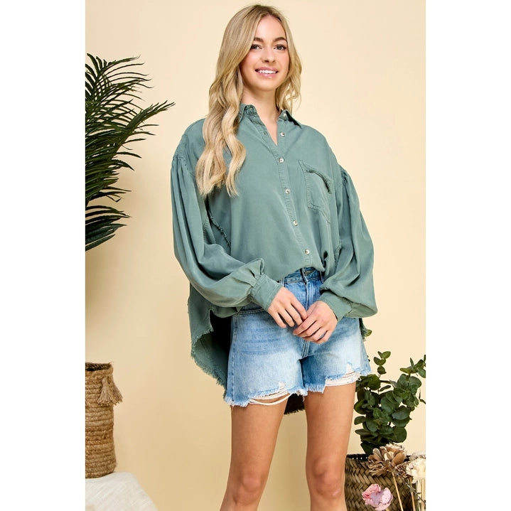 Oversize Frayed Seam Balloon Sleeve Shirts