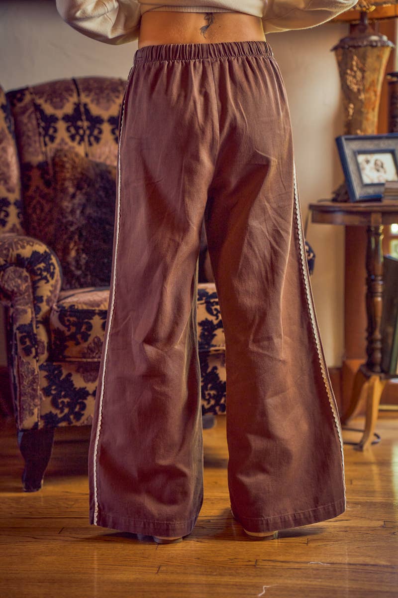SIDE LACE TRIM COTTON DENIM WIDE LEG PULL ON PANTS