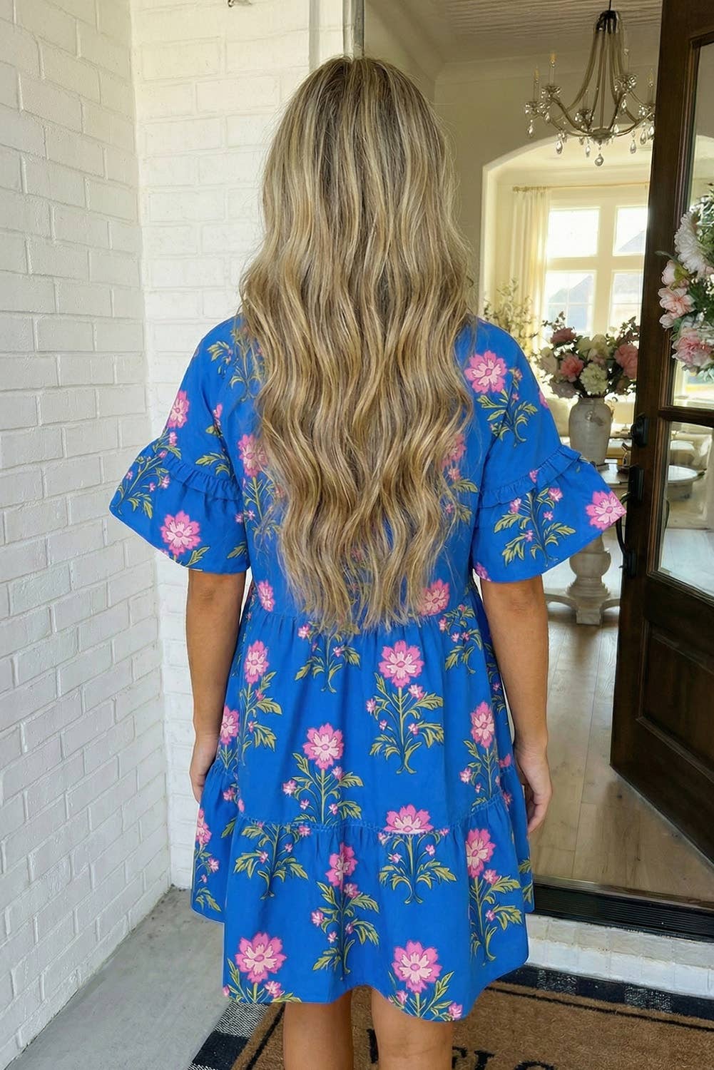 Blue Neck Short Sleeve Loose Flower Dress