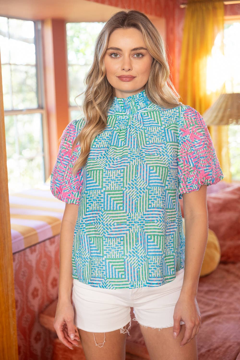 Smocked Neck Contrast Embroidered Bubble Sleeve Top