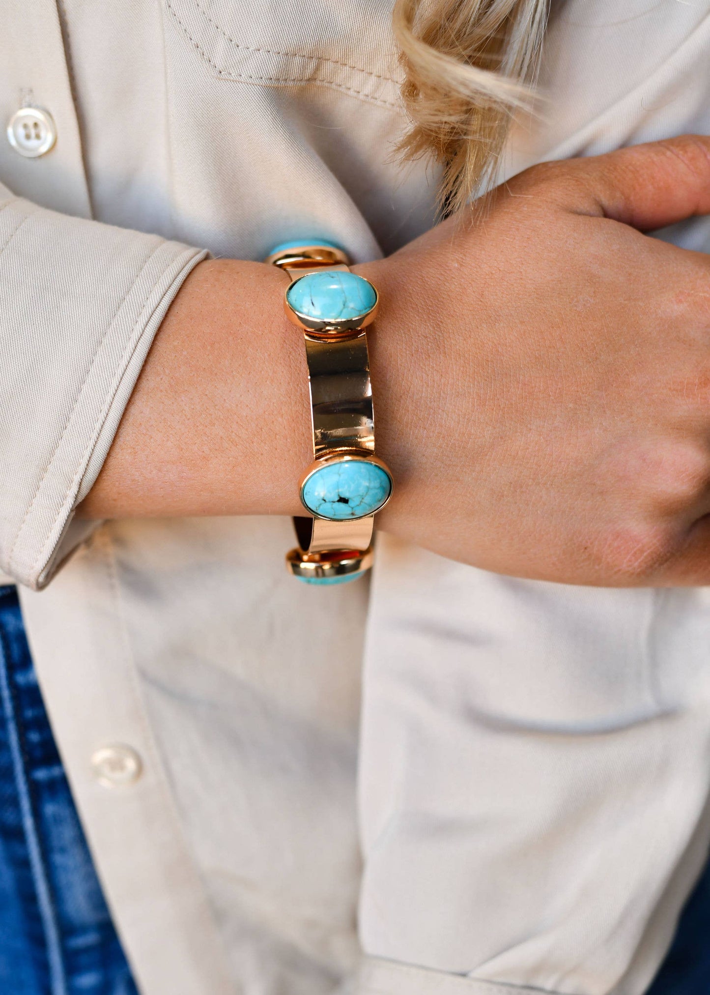 Gold Bangle with 5 Turquoise Oval Stones