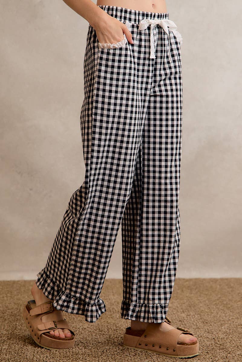 GINGHAM LACE RUFFLED PULL ON PANTS