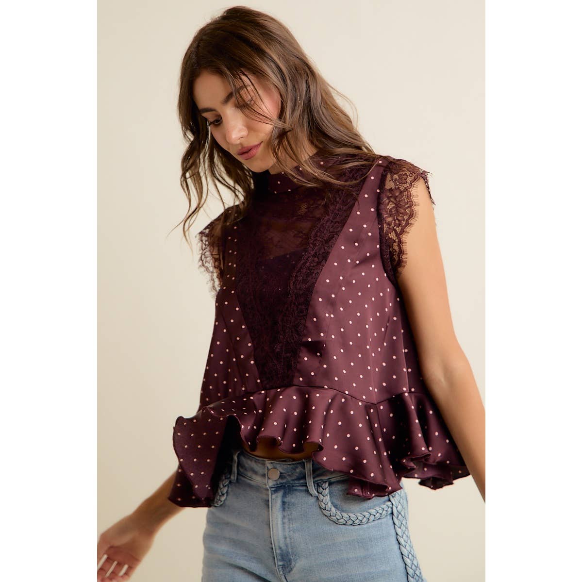 POLKA DOT SATIN LACE TRIM RUFFLED HIGH NECK BLOUSE TOP