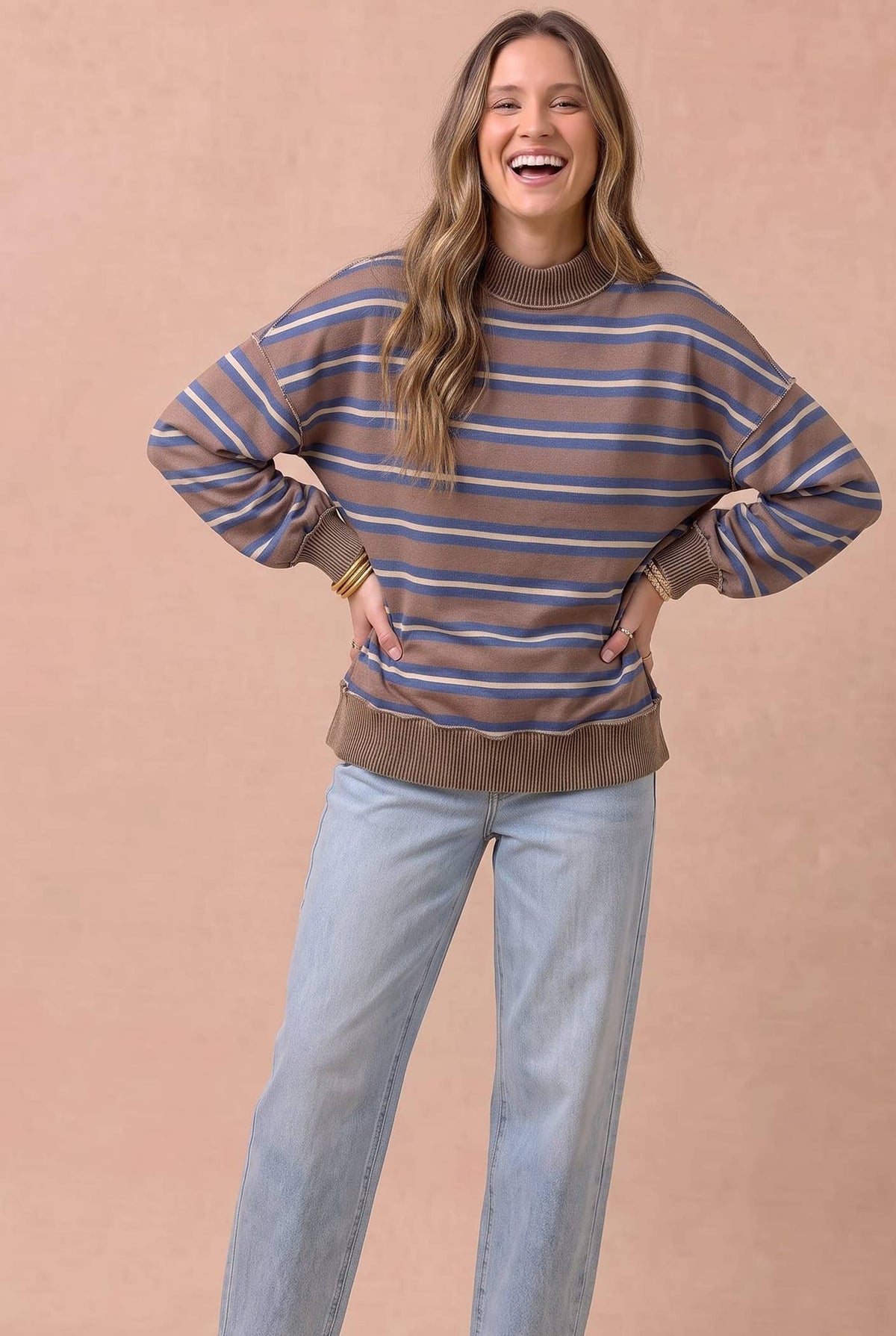 Striped Mock Neck Balloon Sleeve Knit Top