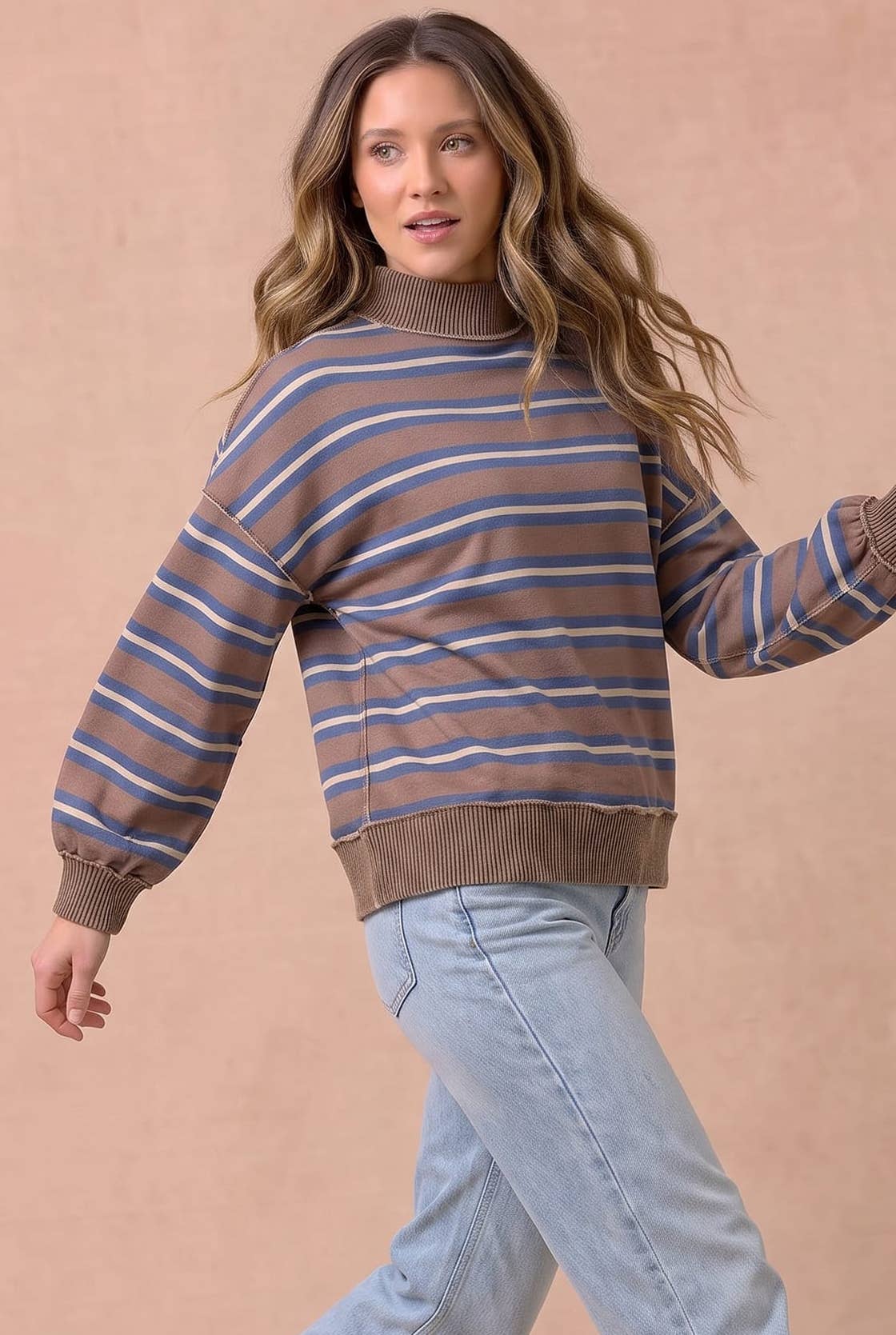 Striped Mock Neck Balloon Sleeve Knit Top