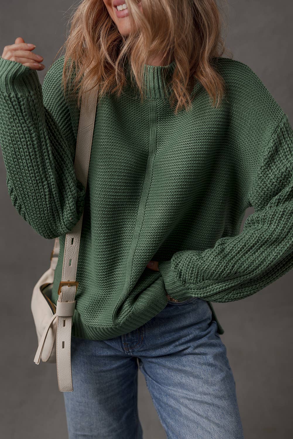 Solid Color Mix Texture Knit Front Seam Detail Sweater
