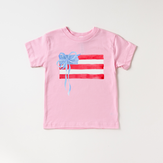 American Flag and Bow Girl 4th of July Kids Shirt