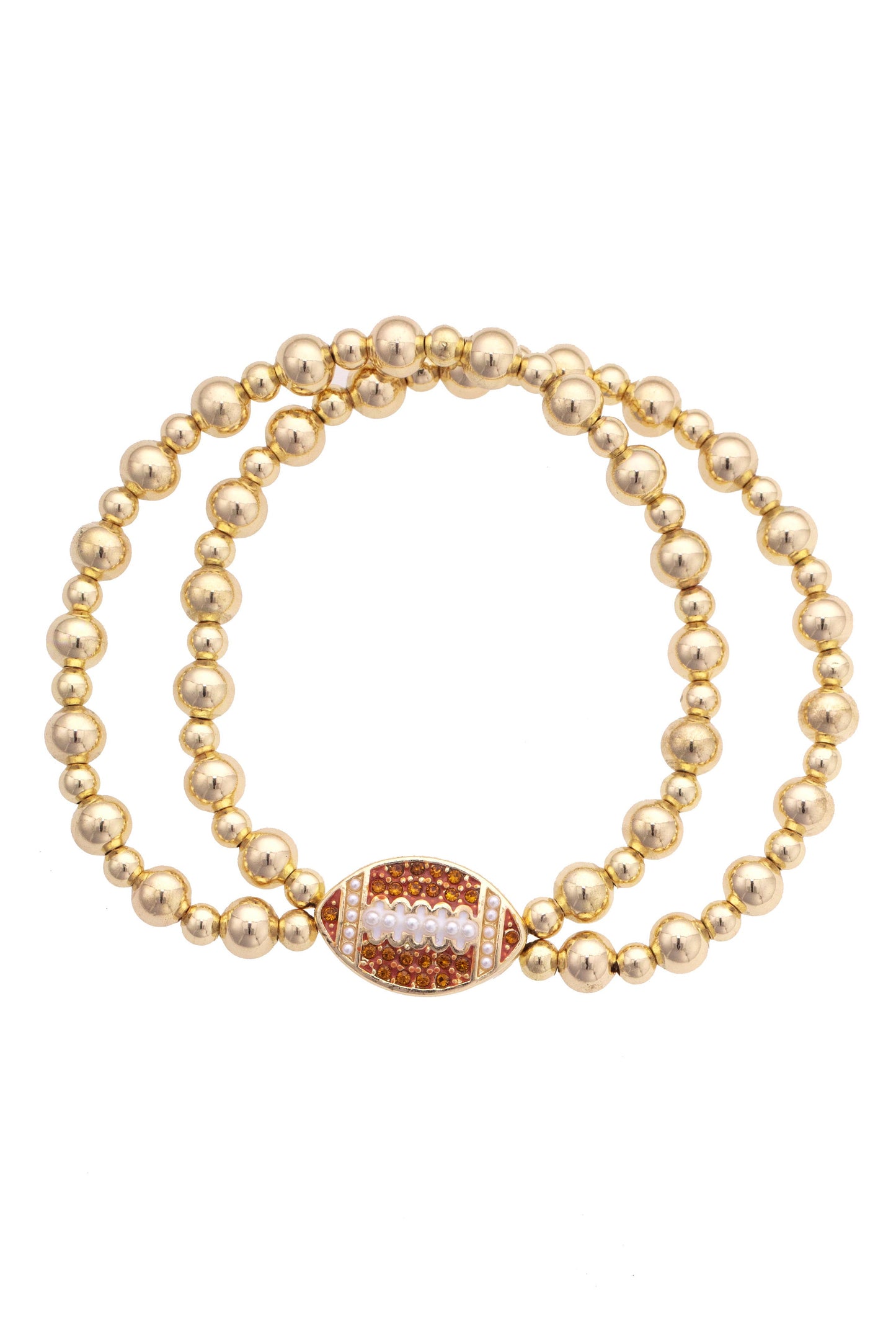 Pave Football 2-Row Ball Bead Stretch Bracelet in Shiny Gold