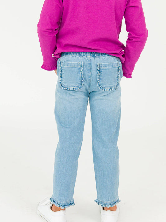 Girls Light Wash Stretch Denim Ruffle Straight Jeans