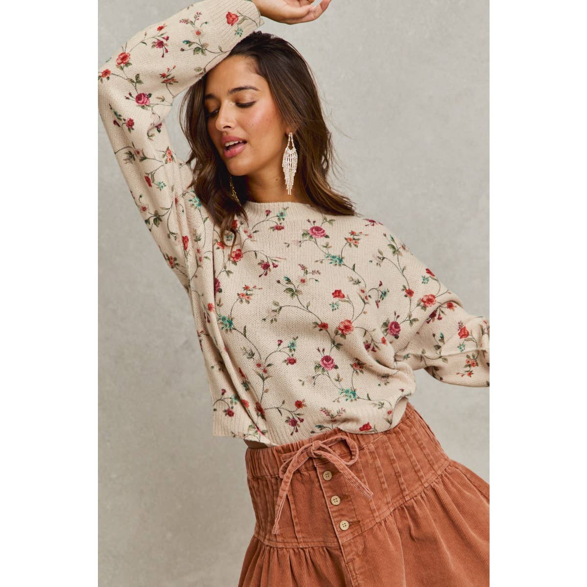 FLORAL PRINT CREWNECK SWEATER KNIT TOP