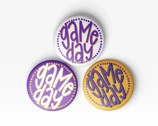 Purple & Gold Game Day Tailgate Buttons | Game Day Pins
