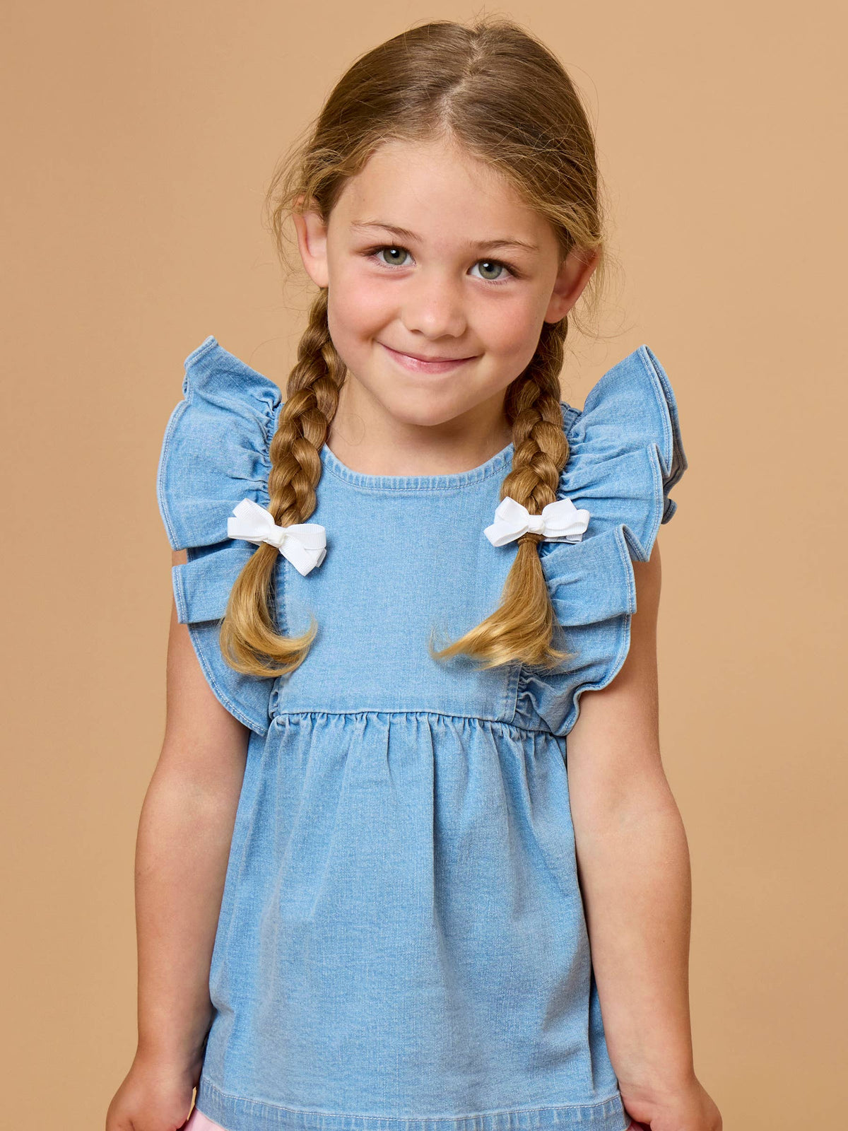 Girls Light Wash Stretch Denim Sleeveless Ruffle Top