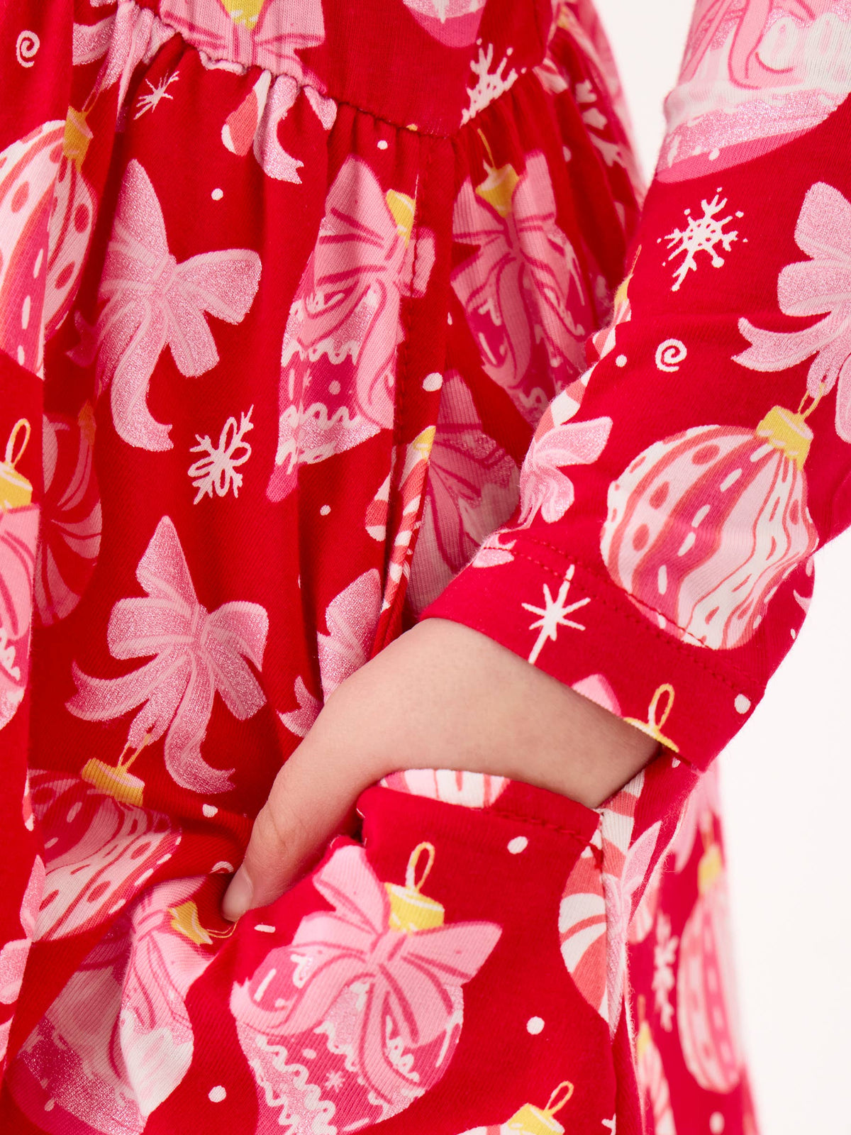 Girls Red Holly Christmas Ornament Bows Knit Long Sleeve Twirl Dress