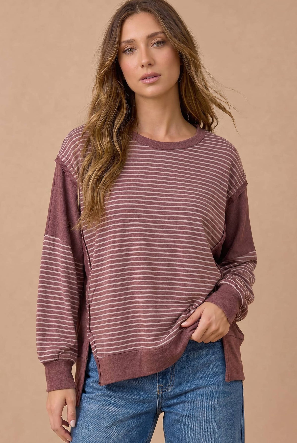 Drop Shoulder Stripe Color Block Pullover Top
