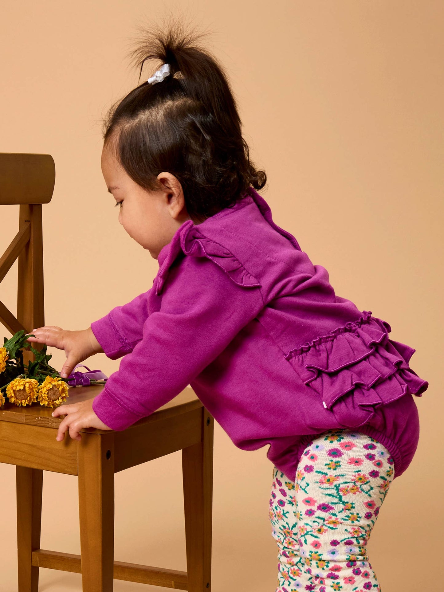 Baby Girls Plum Tart Sweatshirt Bubble Romper with Signature Rear Ruffles