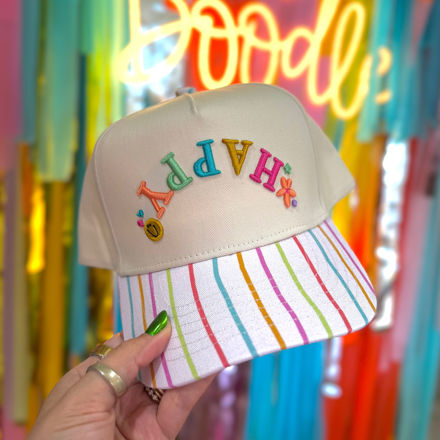 Happy Upside Down Embroidered Hat With Decorative Bill