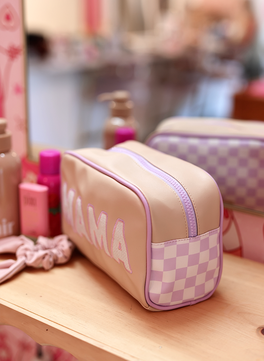 Handle Cosmetic Bag- 'Mama' Embroidered (Lavender/Cream/Tan)
