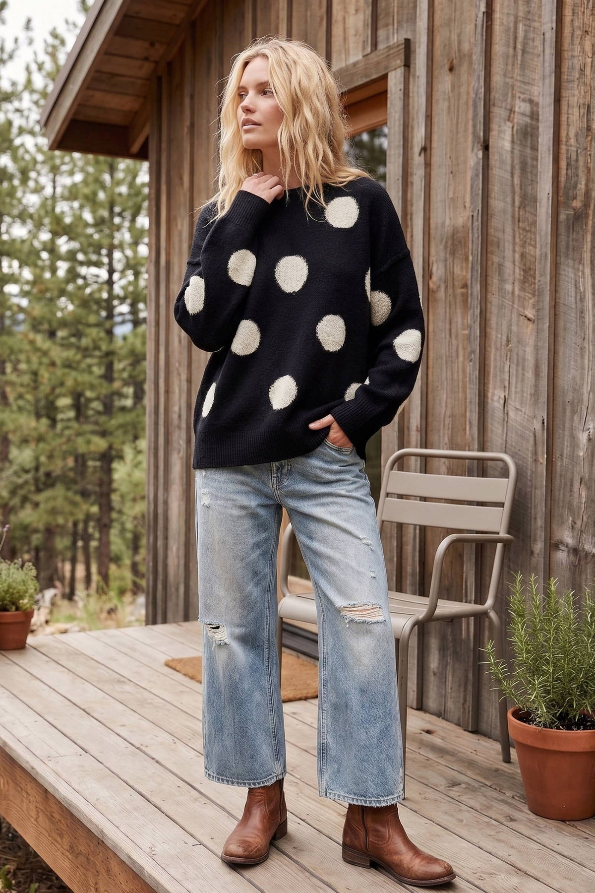 Oversized Textured Polka Dot Knit Sweater