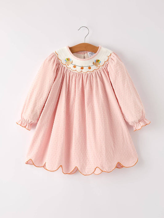 Fall Thanksgiving& Halloween Chicken Pumpkin Smock Embroidery Baby Girl Dress