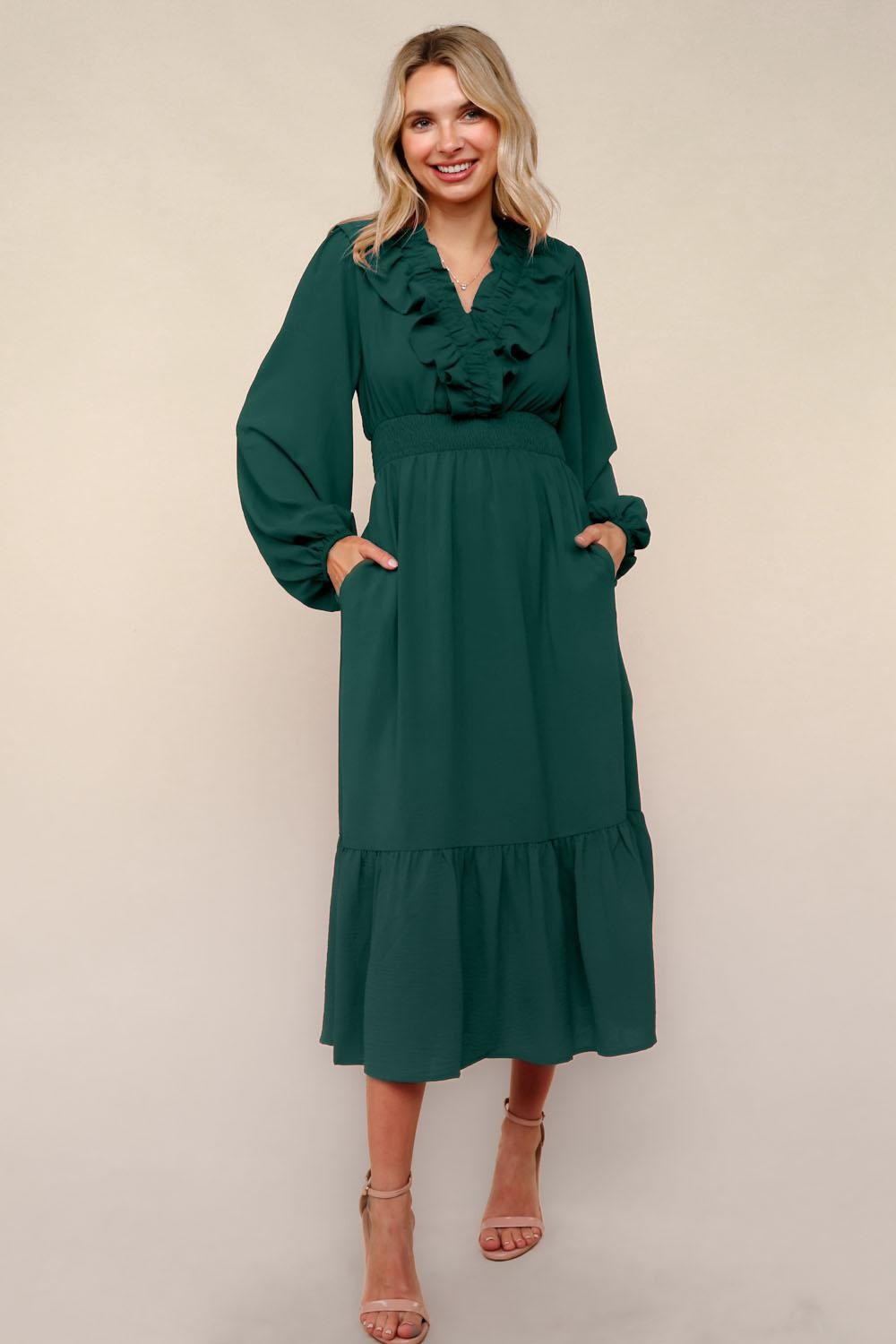 Solid Ruffle V Neck Midi Length Woven Dress