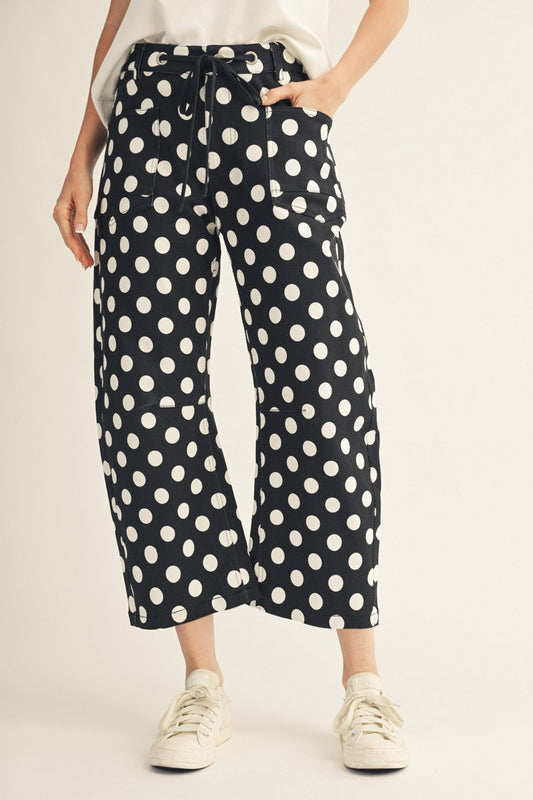 Drawstring Waist Polka Dot Barrel Pants