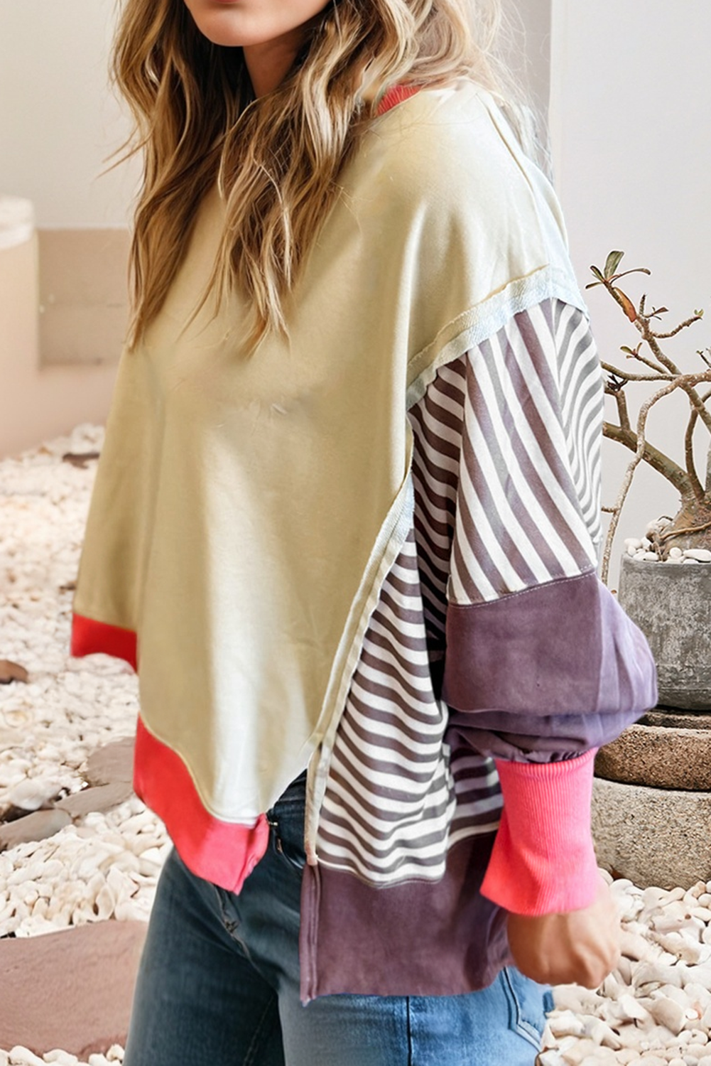 Color Block Striped Patchwork Dolman Slit Sweatshirt