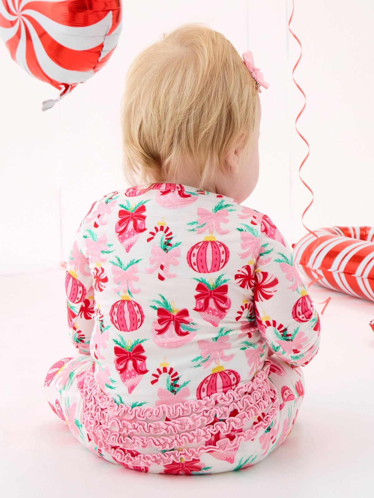 SoftSnooze™ Baby Girls Bamboo Viscose Holly Christmas Ornament Bows Convertible Ruffle One Piece Footie Pajama