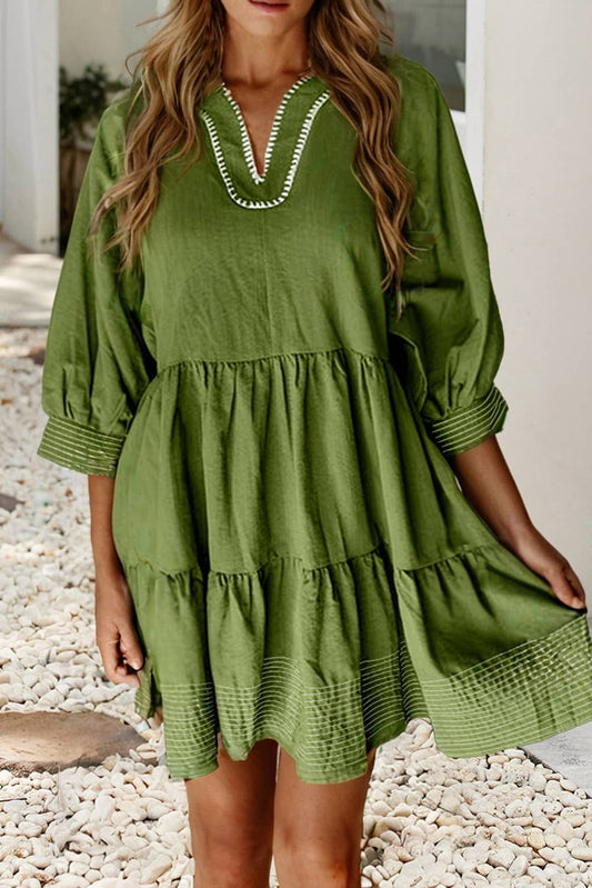 Contrast Stitched V Neck 3/4 Sleeve Swingy Dress