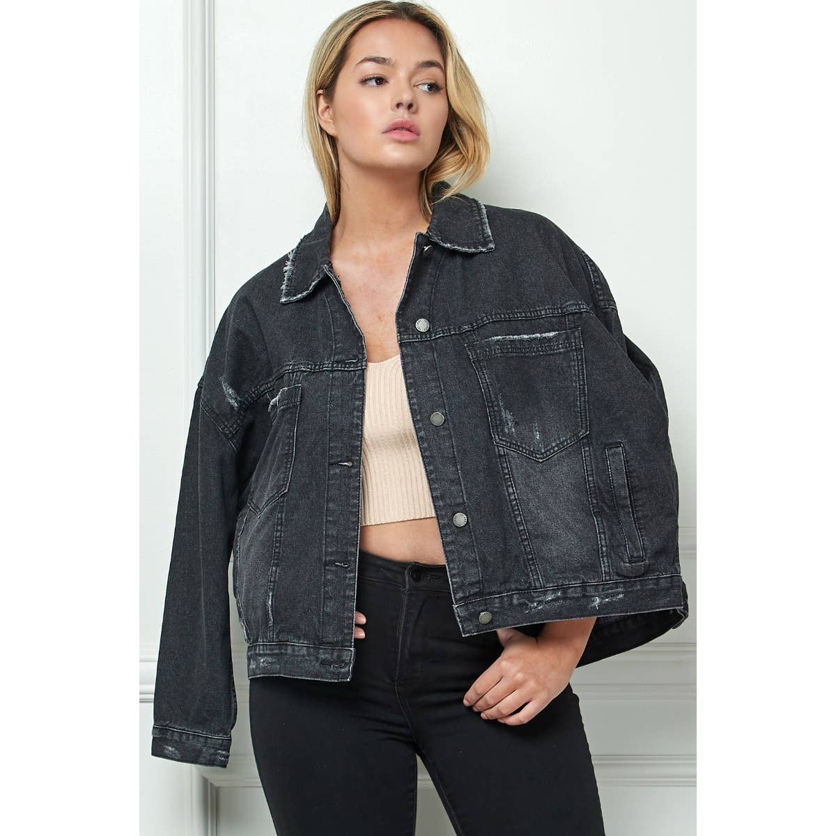 Plus Size Oversize Pleated Back Color Denim Jacket